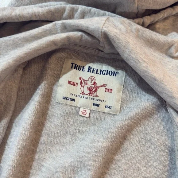 True Religion Light Grey Zip-Up Hoodie with Navy Velvet Logo Graphic — L - Y2K - Picture 4 of 8